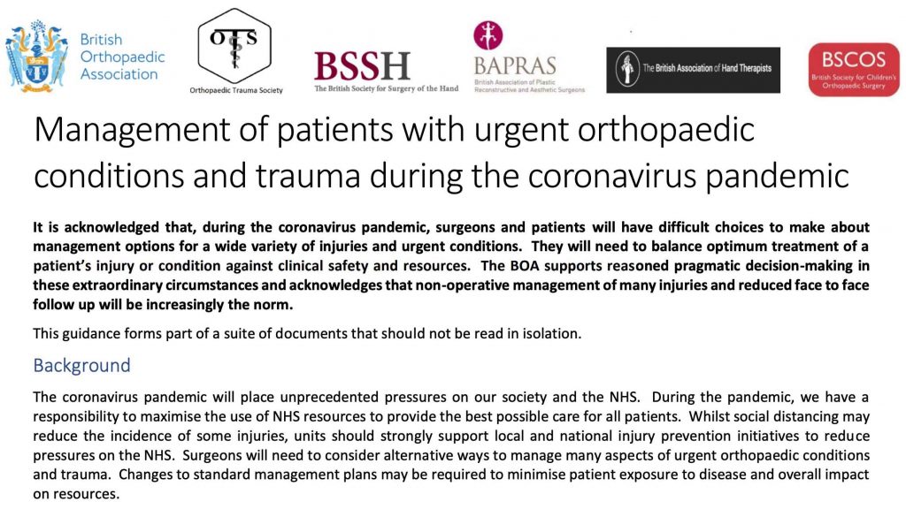 BOA – Management of patients with urgent orthopaedic conditions and trauma during the coronavirus pandemic